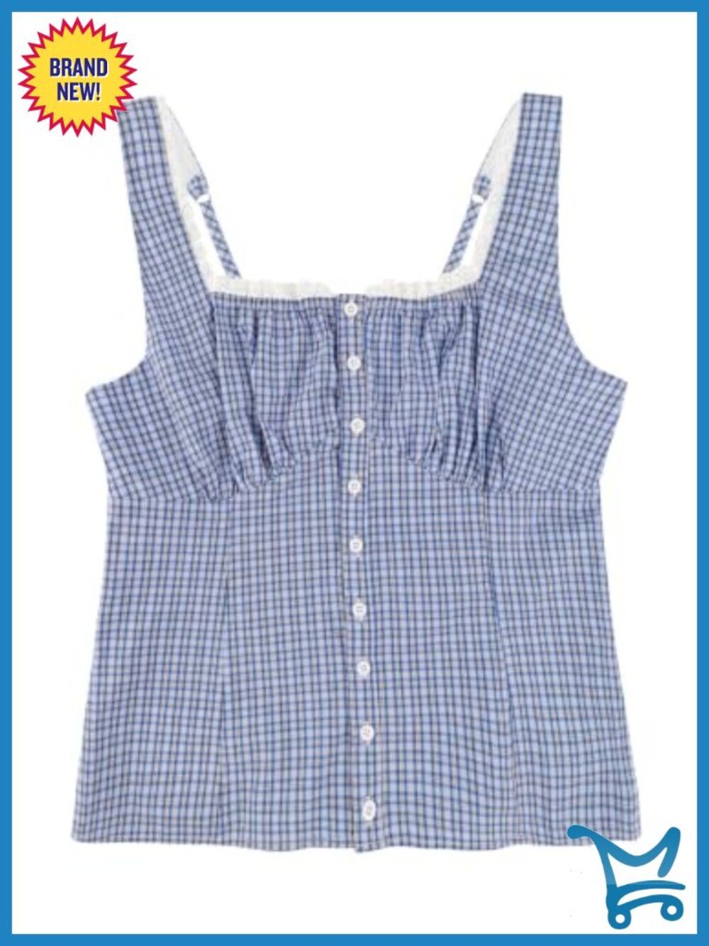 Women's Gingham Tank Top 100% Cotton Square Neck Button Front Smocked Back